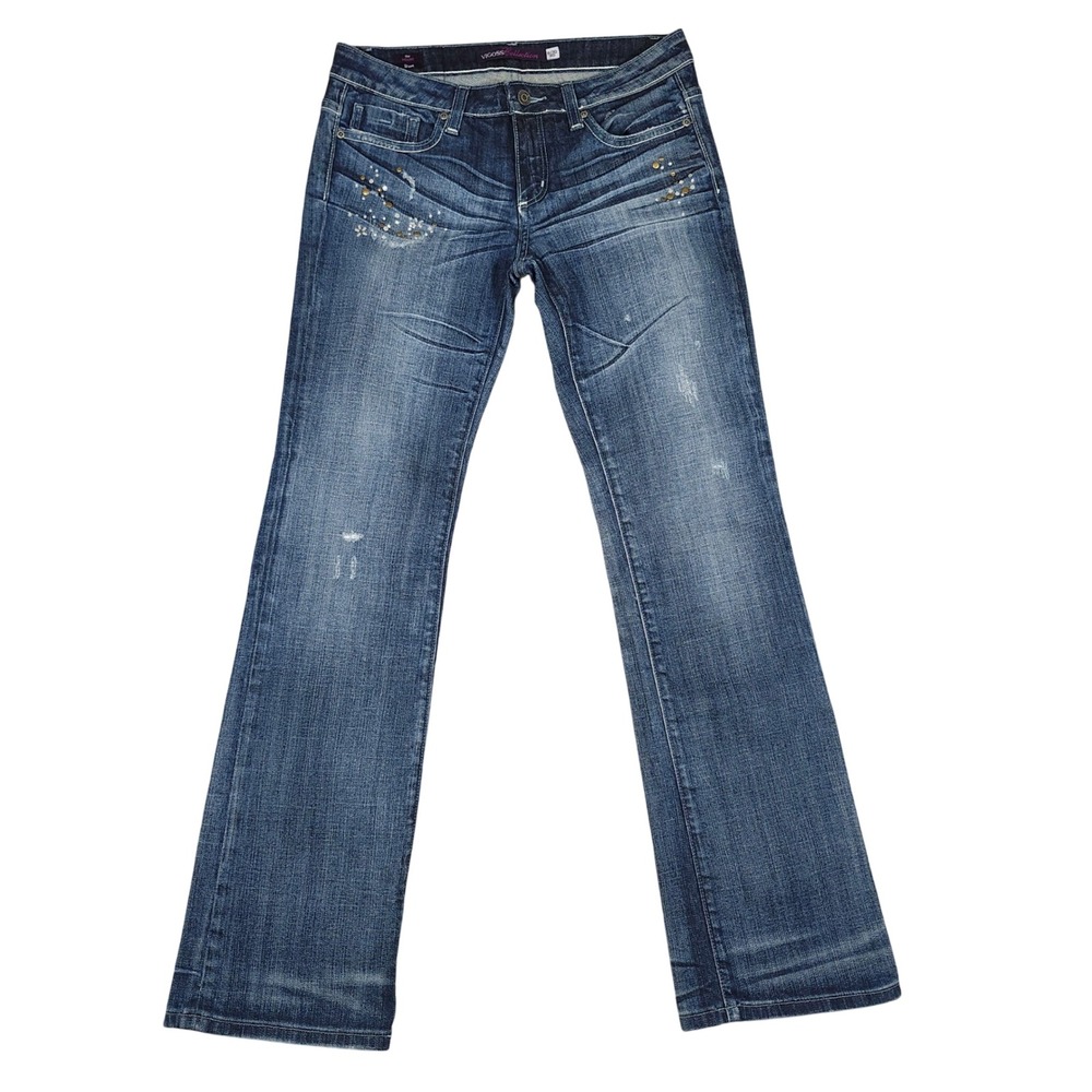 Vigoss Jeans The Miami Boot Embellished Rhinestone Studded Blue Denim‎ Size 9/10